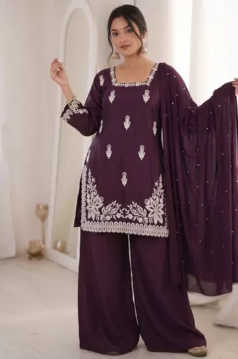 wine silk blend sequins embroidered kurta palazzo dupatta set