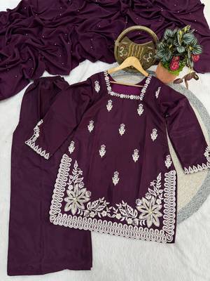 wine silk blend sequins embroidered kurta palazzo dupatta set 3