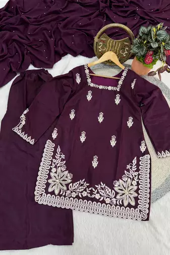 wine silk blend sequins embroidered kurta palazzo dupatta set