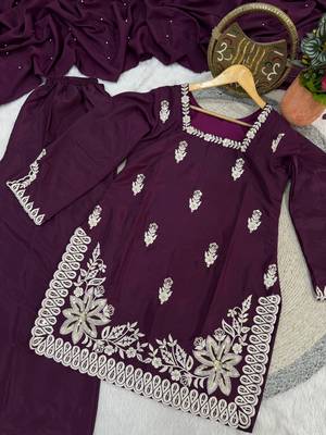 wine silk blend sequins embroidered kurta palazzo dupatta set 4