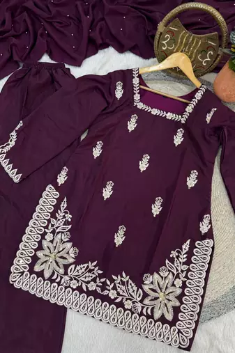 wine silk blend sequins embroidered kurta palazzo dupatta set
