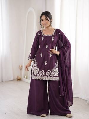 wine silk blend sequins embroidered kurta palazzo dupatta set 5