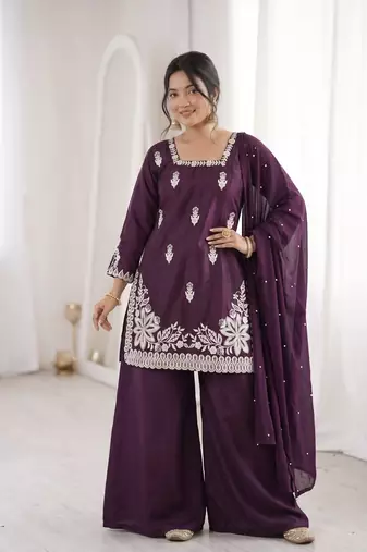 wine silk blend sequins embroidered kurta palazzo dupatta set