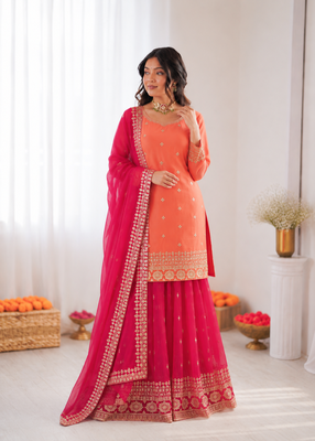 Peach georgette thtead embroidered palazzo suit 2