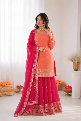 Peach georgette thtead embroidered palazzo suit