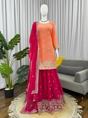Peach georgette thtead embroidered palazzo suit 3