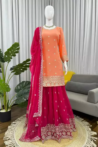 Peach georgette thtead embroidered palazzo suit