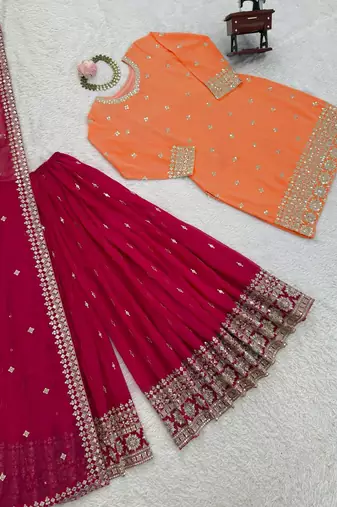 Peach georgette thtead embroidered palazzo suit