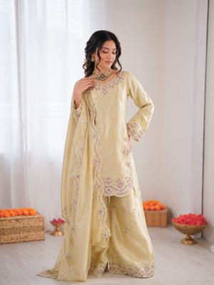 Cream art sillk thead work palazzo suit 1