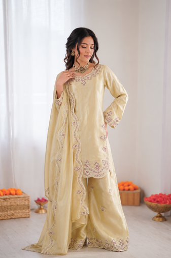 Cream art sillk thead work palazzo suit
