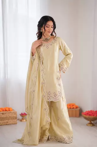 Cream art sillk thead work palazzo suit