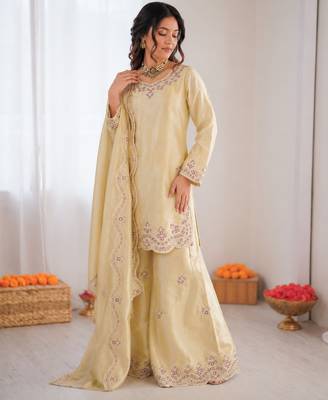 Cream art sillk thead work palazzo suit 2