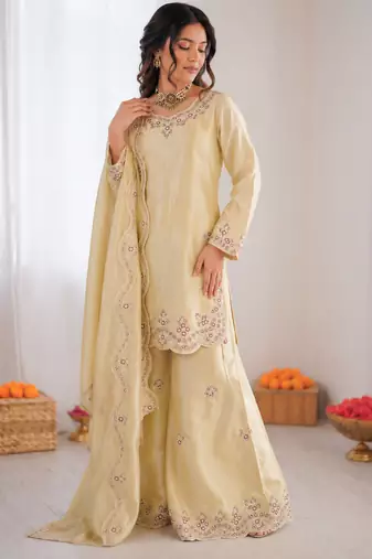 Cream art sillk thead work palazzo suit