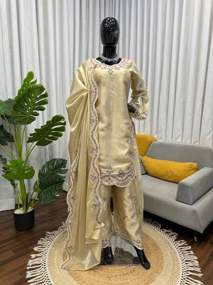 Cream art sillk thead work palazzo suit 3