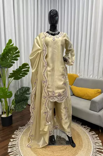 Cream art sillk thead work palazzo suit