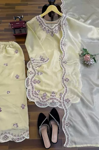 Cream art sillk thead work palazzo suit