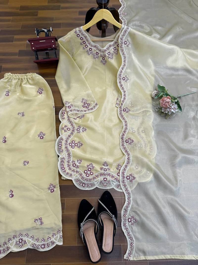 Cream art sillk thead work palazzo suit