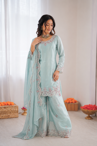 Light sky blue art sillk thead work palazzo suit