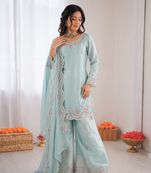 Light sky blue art sillk thead work palazzo suit
