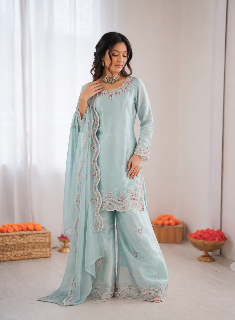 Light sky blue art sillk thead work palazzo suit