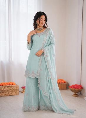 Light sky blue art sillk thead work palazzo suit 2