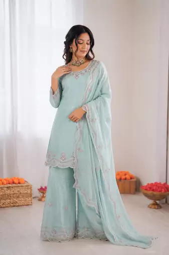 Light sky blue art sillk thead work palazzo suit