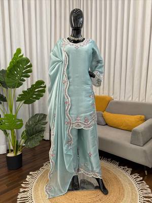 Light sky blue art sillk thead work palazzo suit 3