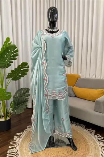 Light sky blue art sillk thead work palazzo suit