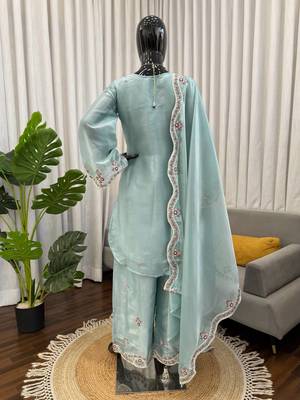 Light sky blue art sillk thead work palazzo suit 4