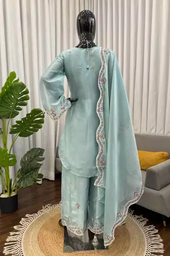 Light sky blue art sillk thead work palazzo suit