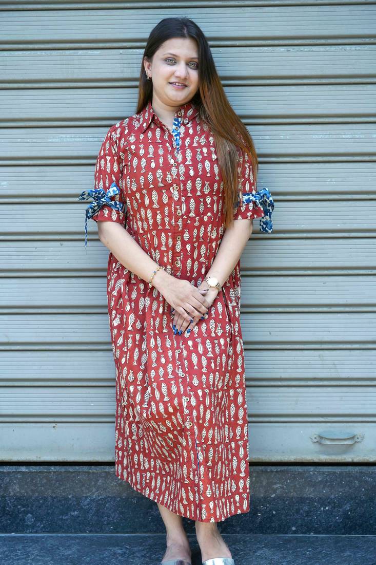 rust printed cotton dress