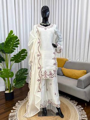 Off white art sillk thead work palazzo suit 3
