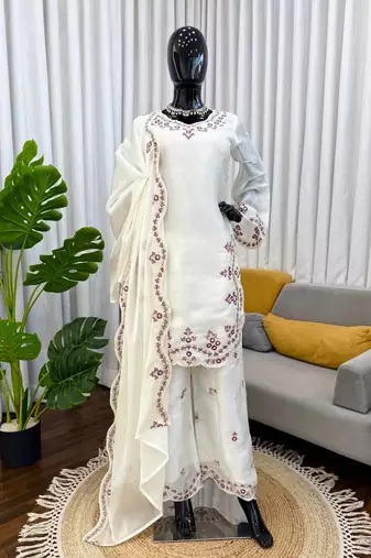 Off white art sillk thead work palazzo suit