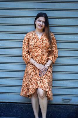 orange printed frill dress 1