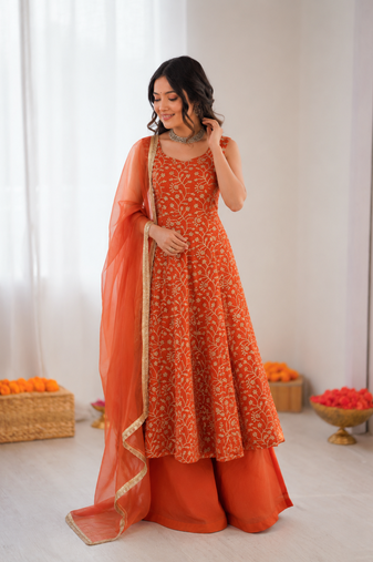 Rust orange georgette thread with sequin palazzo suit