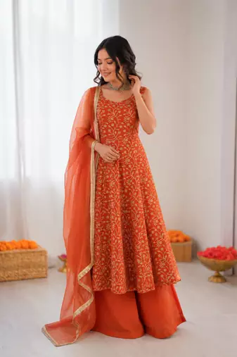 Rust orange georgette thread with sequin palazzo suit