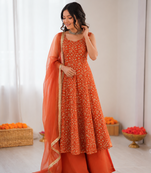 Rust orange georgette thread with sequin palazzo suit