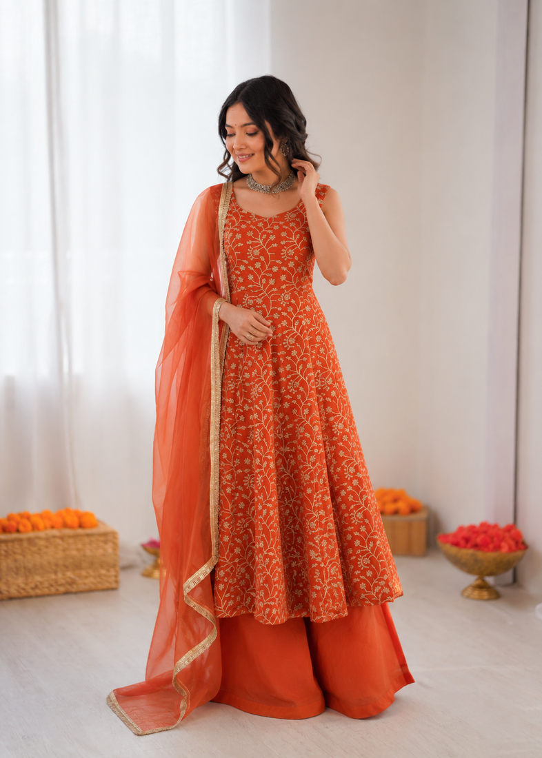 Rust orange georgette thread with sequin palazzo suit