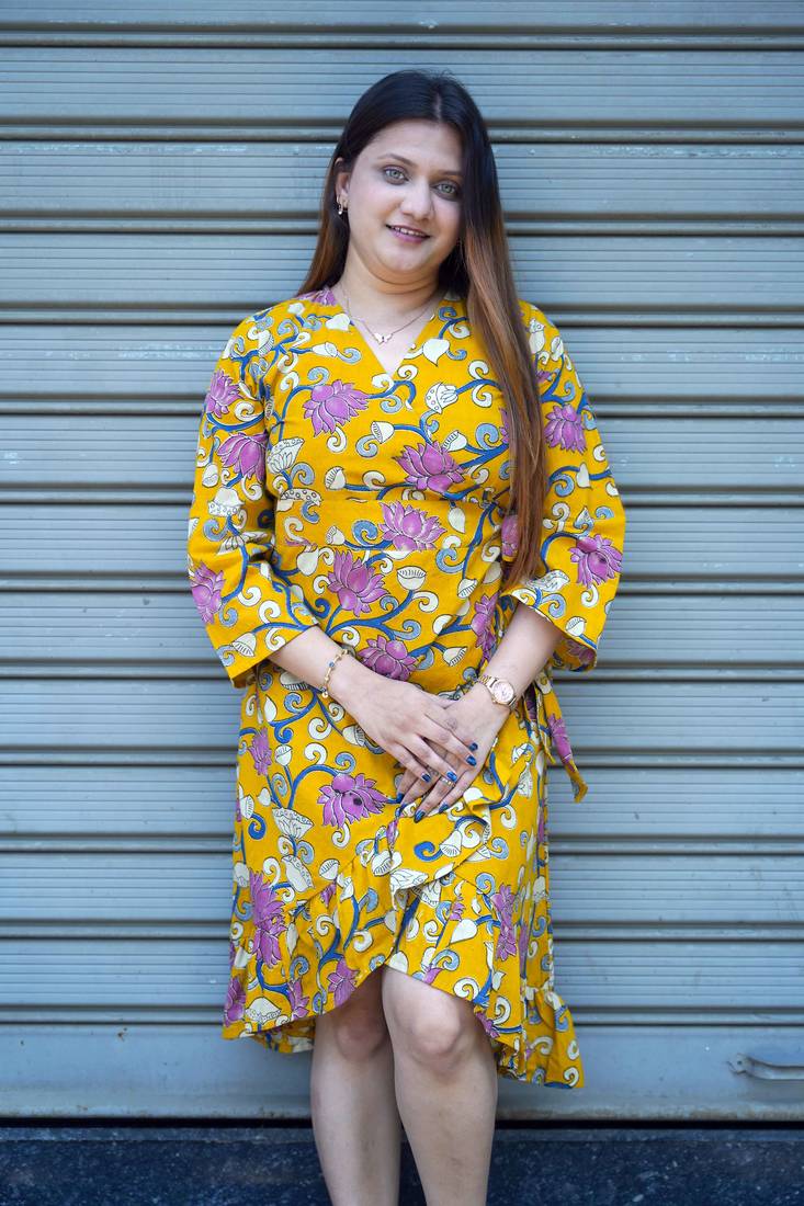 yellow kalamkari handprinted frill dress