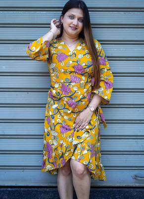 yellow kalamkari handprinted frill dress 2