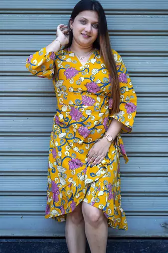 yellow kalamkari handprinted frill dress