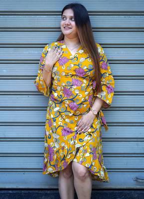 yellow kalamkari handprinted frill dress 3