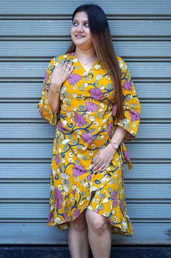 yellow kalamkari handprinted frill dress