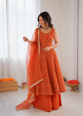 Rust orange georgette thread with sequin palazzo suit 2