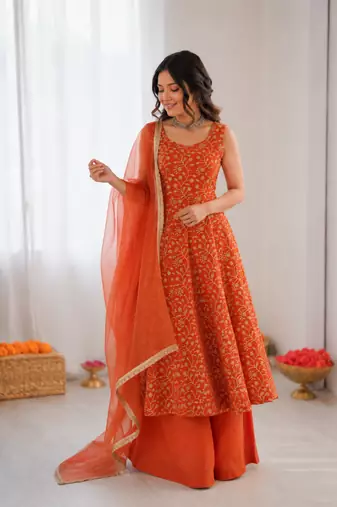 Rust orange georgette thread with sequin palazzo suit