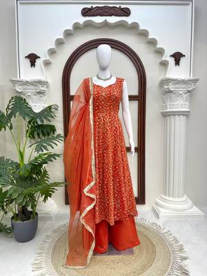 Rust orange georgette thread with sequin palazzo suit 3