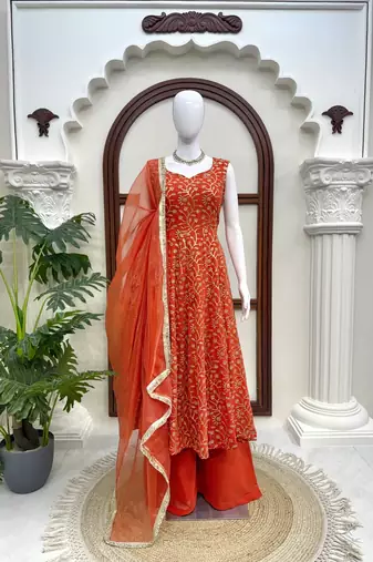Rust orange georgette thread with sequin palazzo suit