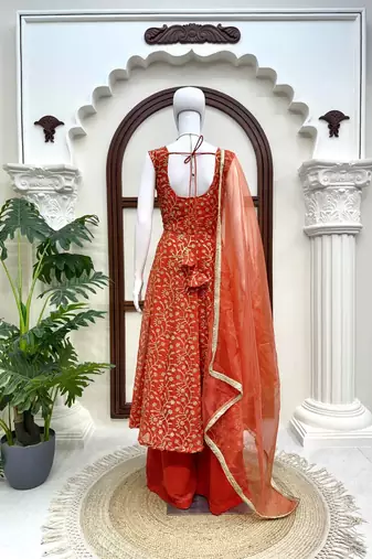Rust orange georgette thread with sequin palazzo suit
