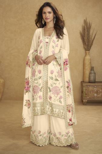 Cream real chinon embroidered palazzo suit with mirror work dupatta