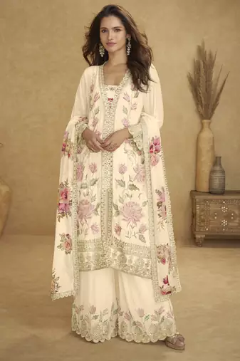 Cream real chinon embroidered palazzo suit with mirror work dupatta